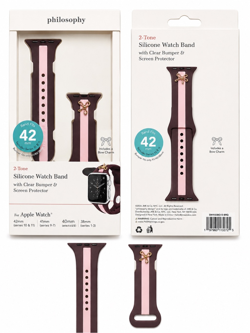 Philosophy Two-Tone Silicone Apple Watch Band in Pink & Brown with Bow Charm